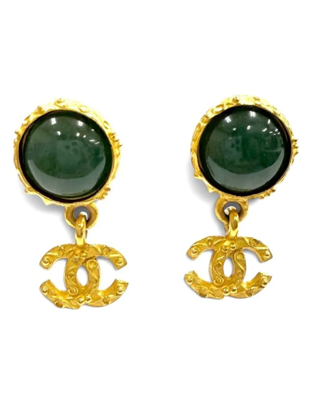Chanel Vintage Gripoix CC Logo Swing Earrings Green Gold